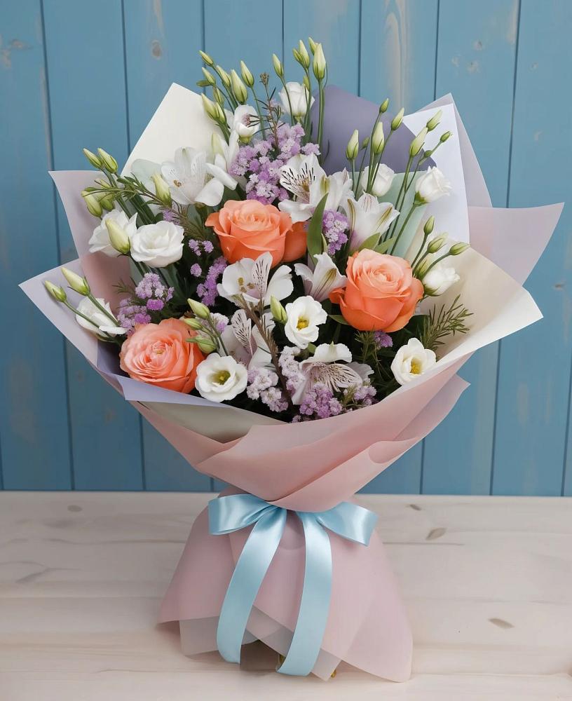 Букет цветов из: Лизиантусы, Розы, Альстромерии и Гипсофила в Архипо-Осиповка